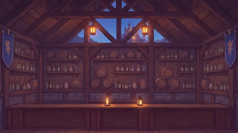 Inside the tavern, bar and barrels
