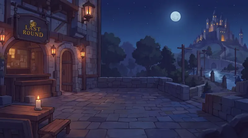 The tavern terrace at night, under the moon