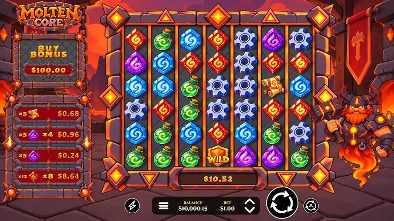 Base game: a cascade, a WILD and multipliers on the grid